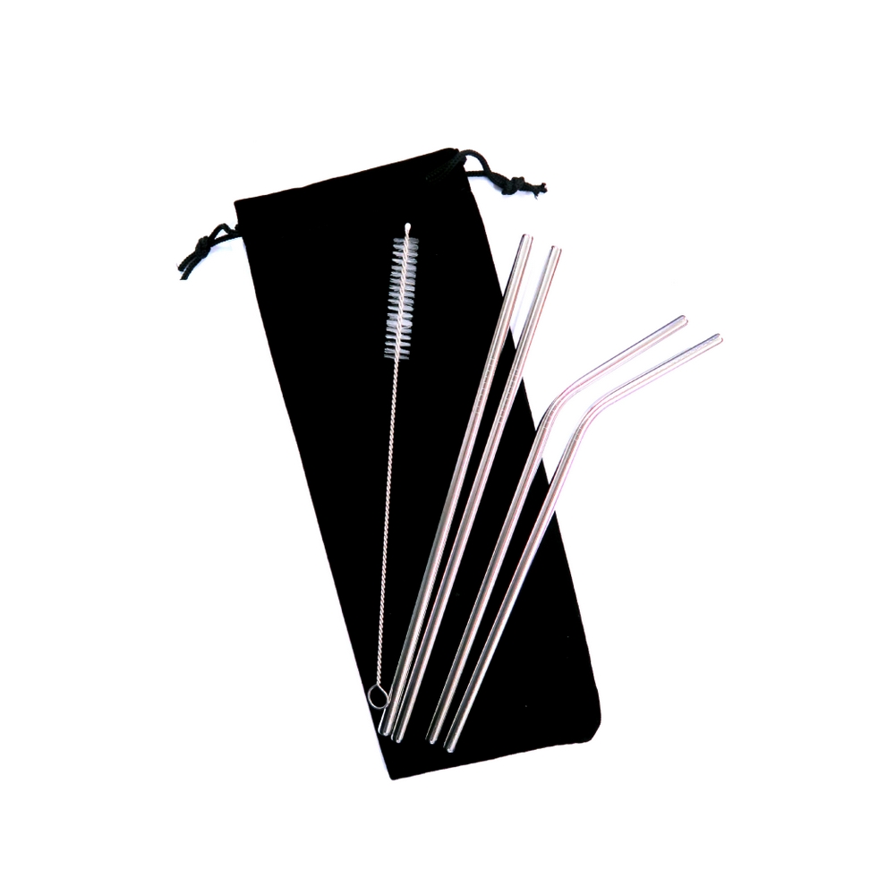 不鏽鋼飲管套裝(2直2曲)連刷子及束口袋 Stainless Steel Straw Set (2 Straight & 2 Angled) w/Brush & Bag